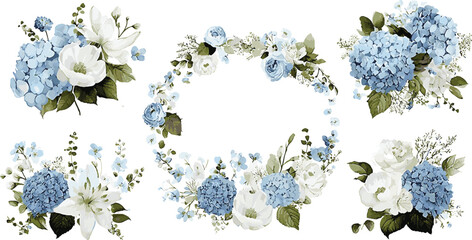 Watercolor Blue and White Floral Vector 