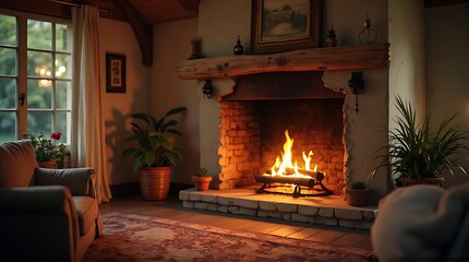 Cozy living room with a burning fireplace, creating a warm and inviting ambiance.