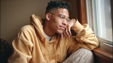 Fototapeta premium young man relaxes in a comfortable hoodie and glasses, thoughtfully gazing out the window. Sunlight filters in, creating a serene atmosphere in the cozy indoor setting