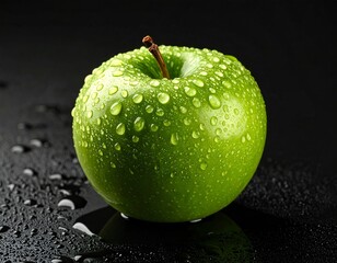 Green apple with water droplets on a dark background, showcasing freshness and vibrancy
