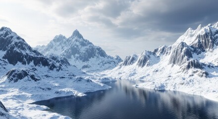 Majestic snow covered mountains reflecting in a serene lake under a dramatic cloudy sky