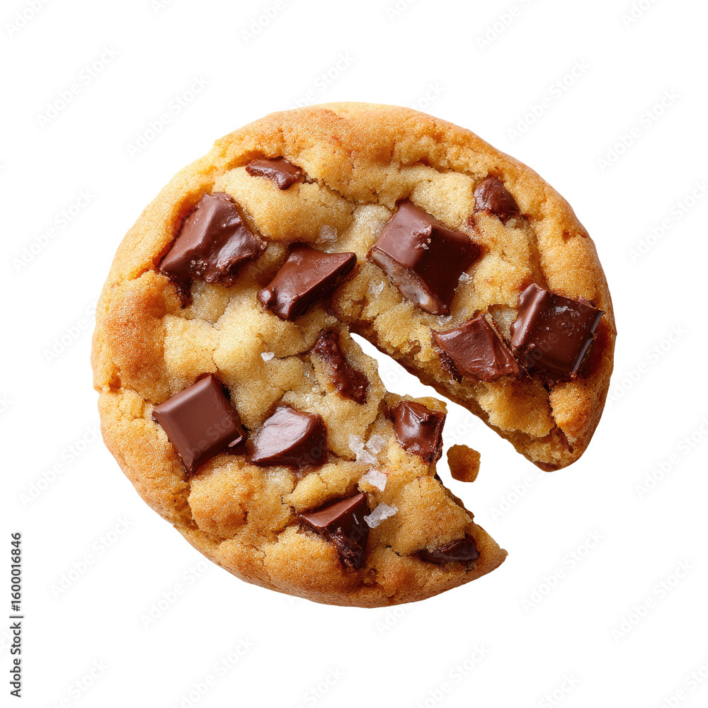 Poster freshly baked chocolate chip cookie with chunky chocolate pieces and texture highlighted in isolated