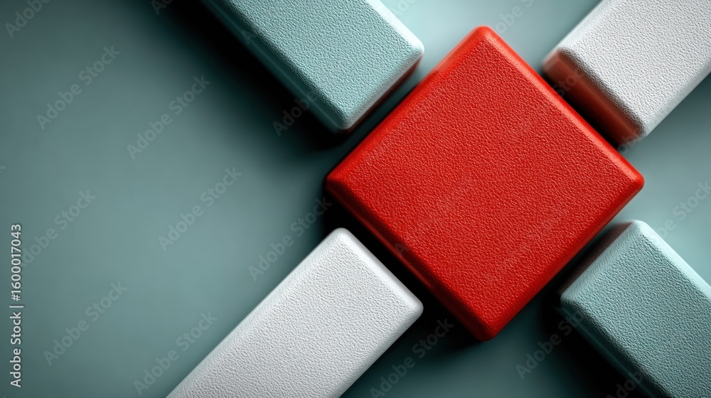 Poster close-up view of a central red square block surrounded by gray and white rectangular blocks, creatin