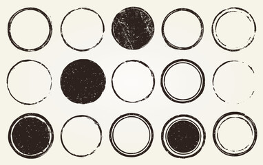Retro Grunge circle stamps frames vector icon shape set. Black round empty stamp border pack. Blank Stamp template grunge ink rubber labels collection. Vector image Isolated on white background.