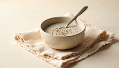 Creamy beige soup in speckled bowl sprinkled with seeds on beige linen napkin