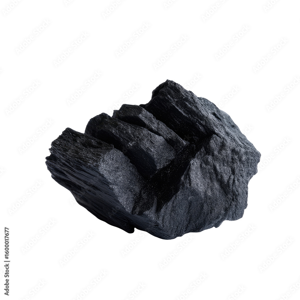 Poster natural black mineral rock with unique textures and sharp edges on a white background