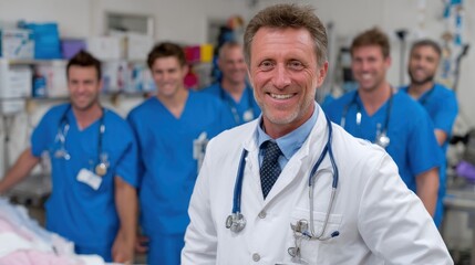 Several healthcare professionals in blue scrubs and a doctor in a white coat smile together, showcasing teamwork and camaraderie after providing patient care in a hospital environment