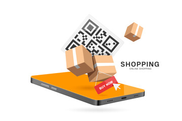 Parcel box or cardboard box with buy now sign hanging down, and QR code on back for scanning to pay in an online shopping application on smartphone, vector 3d isolated for delivery, e commerce design
