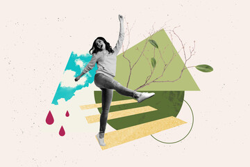 Surreal collage of people dance with trees leaves rain crosswalk on pastel background