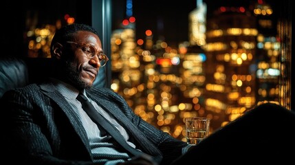 Obraz premium well-dressed man sits in a stylish chair near a window, looking contemplative while enjoying a drink