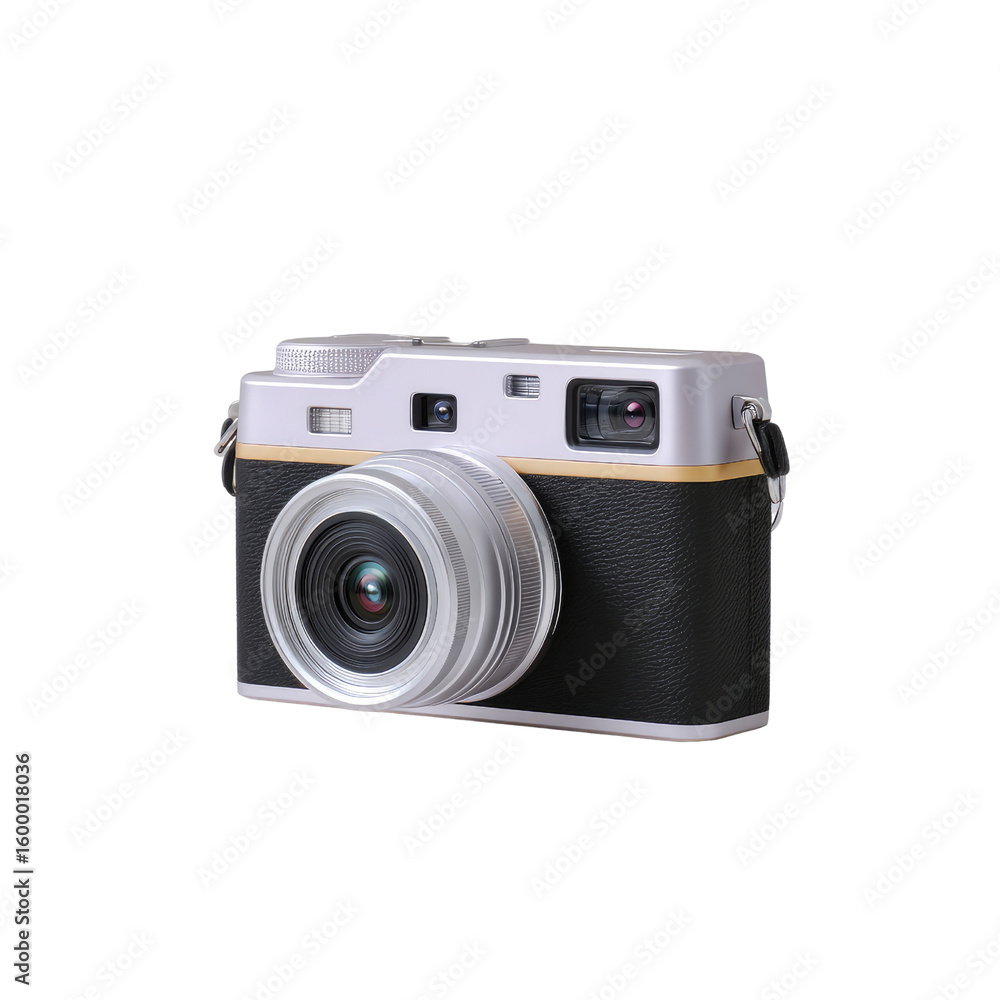 Poster vintage style camera with a modern design and unique lens features and a sleek two-tone color scheme
