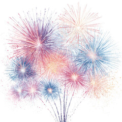 Vibrant bursting fireworks display with a cascade of colorful explosions isolated on transparent background