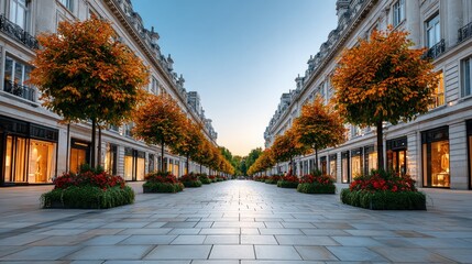 Colorful autumn trees line a sophisticated shopping street, showcasing vivid foliage against a backdrop of historical architecture. Dusk approaches as storefronts begin to glow softly