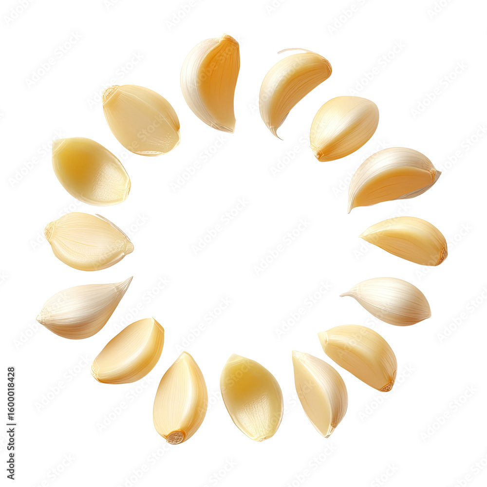 Poster fresh cloves of garlic arranged in a circular pattern on a white background for culinary use and hea