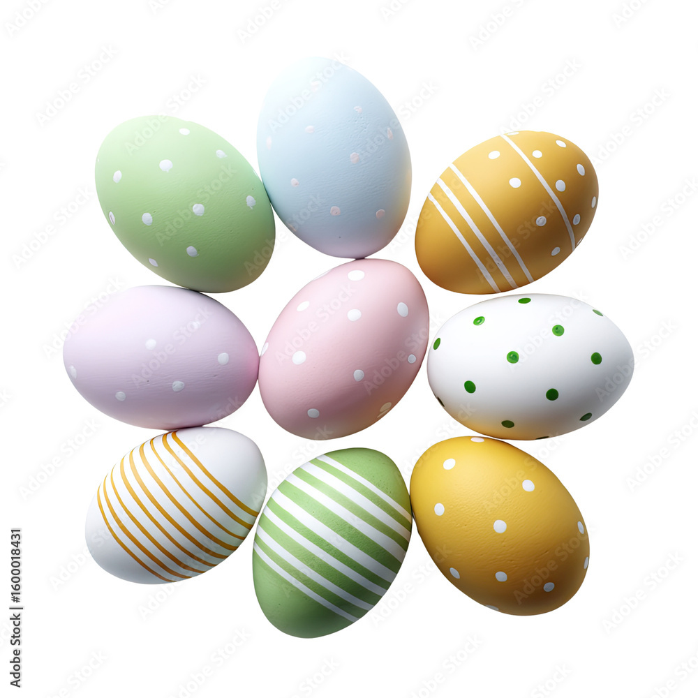 Poster colorful decorative easter eggs with polka dots and stripes arranged in a circular pattern on a whit