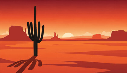 Vector illustration of a saguaro cactus silhouetted against a vast desert landscape with mesas at sunset