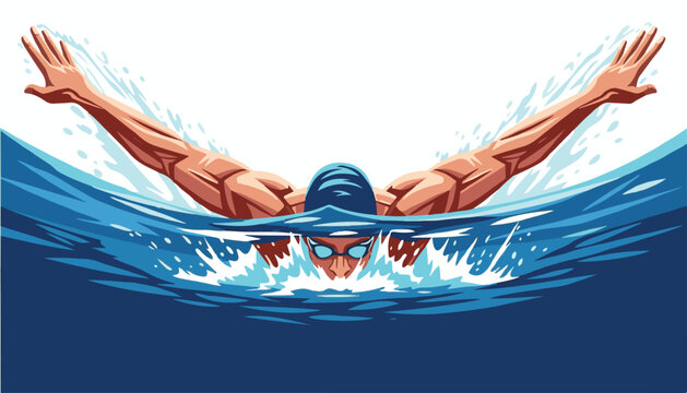 Stylized illustration of a muscular swimmer executing a powerful butterfly stroke during a race.