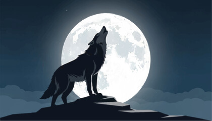 Silhouette of a wild wolf howling at the bright full moon on a rocky cliff during a dark night. Vector illustration of a lone predator.