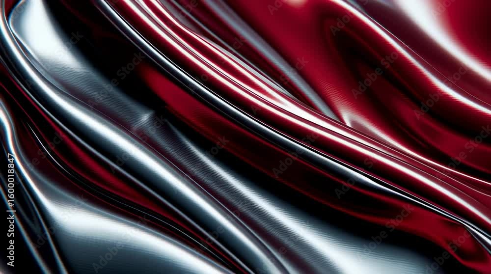 Poster glossy black and red textile with shiny cloth folds creating elegant, smooth flowing ripples and lux