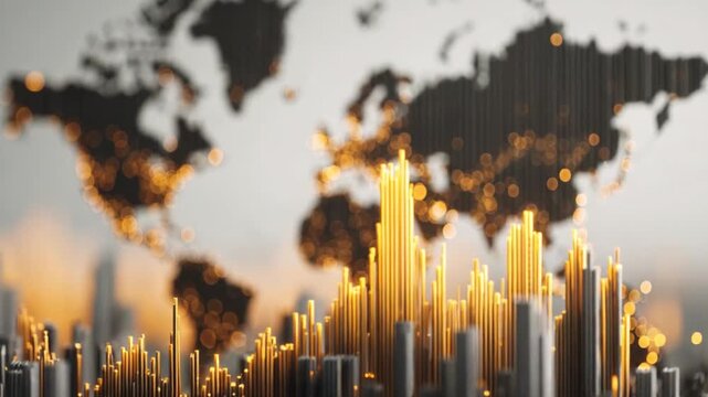 Global connectivity network visualization with glowing data points and cityscape animation,