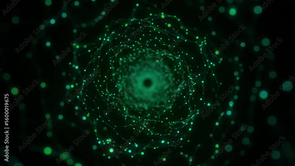 Poster abstract dynamic wireframe tunnel on green background. deep wavy wormhole. futuristic particle flow.