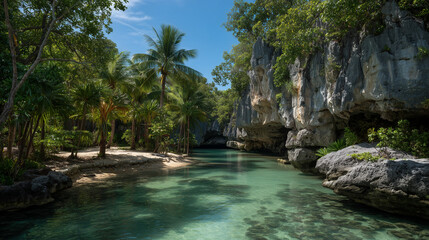 Crystal-Clear Lagoon Behind Limestone Cliffs - Hidden Tropical Escape