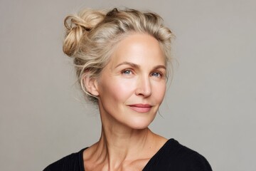Elegant mature woman with gray hair styled in a loose bun and subtle makeup.
