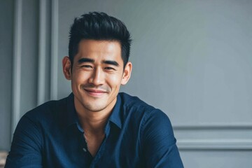 Obraz premium Smiling young Asian man wearing casual shirt indoor lifestyle portrait.