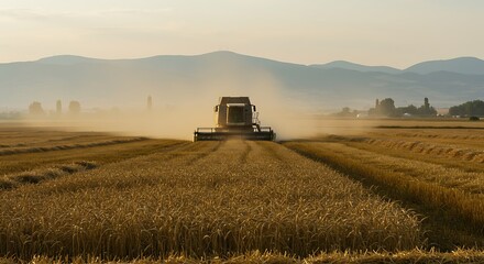 Fototapeta premium Golden Wheat Field Harvest with Combine Harvester and Distant Mountain Range at Sunrise Agriculture and Farming Concept