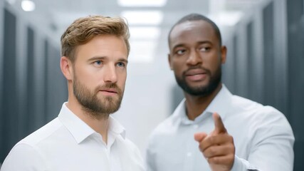 Two diverse individuals in a server room, engrossed in a discussion, the image shows concentration - Powered by Adobe
