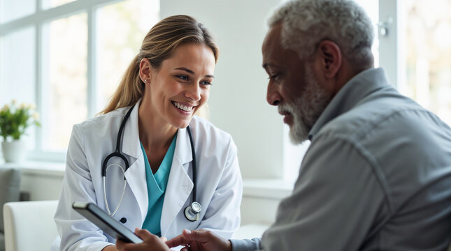 Female doctor of African descent sitting with a senior male patient in a bright modern clinic