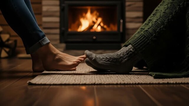 Feet playing footsie in rustic cabin near fireplace with cozy wool socks