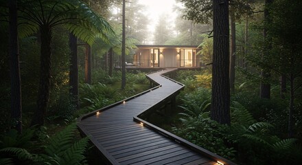 Modern house in forest setting with wooden pathway and lush greenery for real estate and architecture