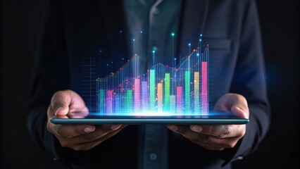 A person holds a tablet displaying colorful data visualizations, representing finance or analytics in a dark environment.
