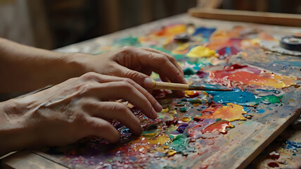 Close-up of an artist’s hands mixing paint on a palette, canvas in background with colorful abstract art in progress