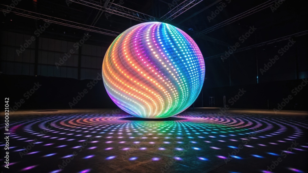 Poster a vibrant, illuminated sphere radiates colorful patterns on the floor in a dark space, creating a me
