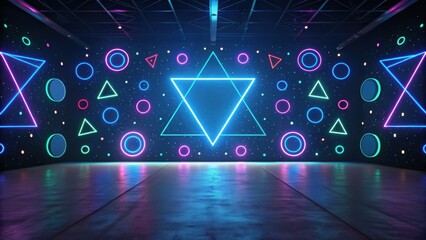 Neon geometric shapes illuminate a dark room, creating a vibrant and abstract atmosphere filled with colorful patterns and designs.