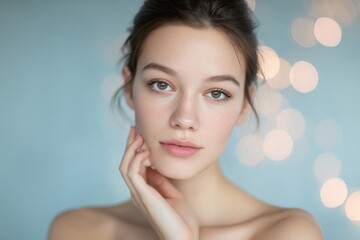 Naklejka premium Beautiful young woman with clear skin and natural makeup on soft background with bokeh lighting.