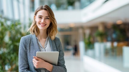 Professional young woman smiling holding tablet in modern office environment.