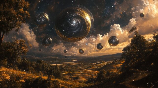 Floating orbs over a landscape - Powered by Adobe