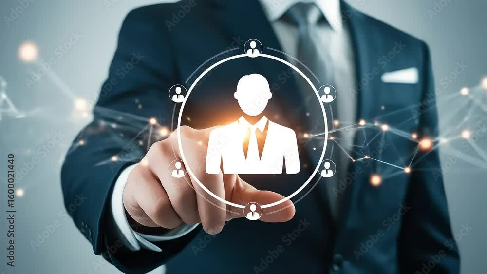 Poster businessman touching a virtual interface with network connections and user icons around it.