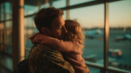 Warm embrace between father and daughter at airport terminal overlooking runway during sunset.