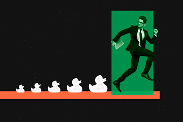 Full 3d art trend collage of serious man manager wear formal suit carry laptop run duck rubber toy...