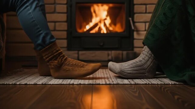 Footsie moment in rustic wooden cabin with warm fire and wool socks
