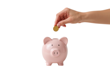 Putting coin in piggy bank, symbolizing of saving money or financial planning, investment, economics, personal finance.