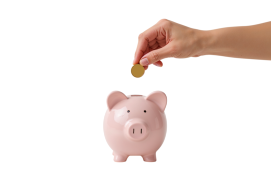 Putting coin in piggy bank, symbolizing of saving money or financial planning, investment, economics, personal finance.