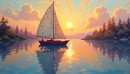 Serene sunset sailboat journey across calm lake waters, surrounded by tranquil forest.