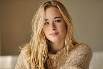 Portrait of a Young Woman with Long Blonde Hair and Gentle Smile in Casual Sweater.