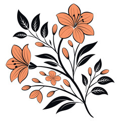 Peach blossoms and stylized black leaves gracefully intertwine on a branch, set against transparency