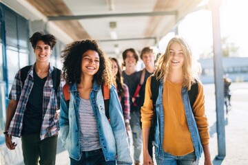 Obraz premium Group of diverse smiling teenagers walking outdoors under bright sunlight at school.